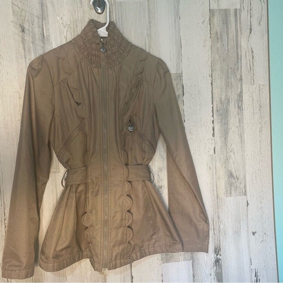 Betsey Johnson Khaki Tan Scalloped Tie Back Zip Up Jacket- size S - Picture 7 of 16